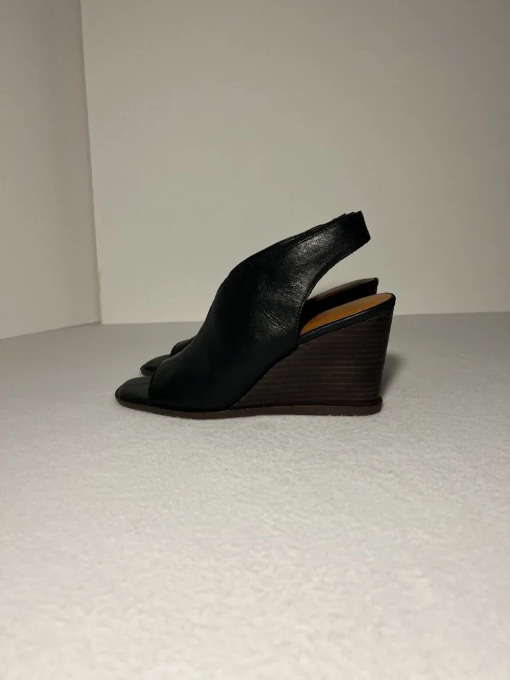 Lucky Brand Women’s 7.5M Black Lordyn Slingback Wedge Leather Open-Toe Peep Heel